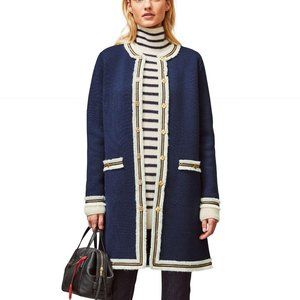 NWT Tory Burch Kendra Fringe-Trimmed navy blue Sweater Coat S